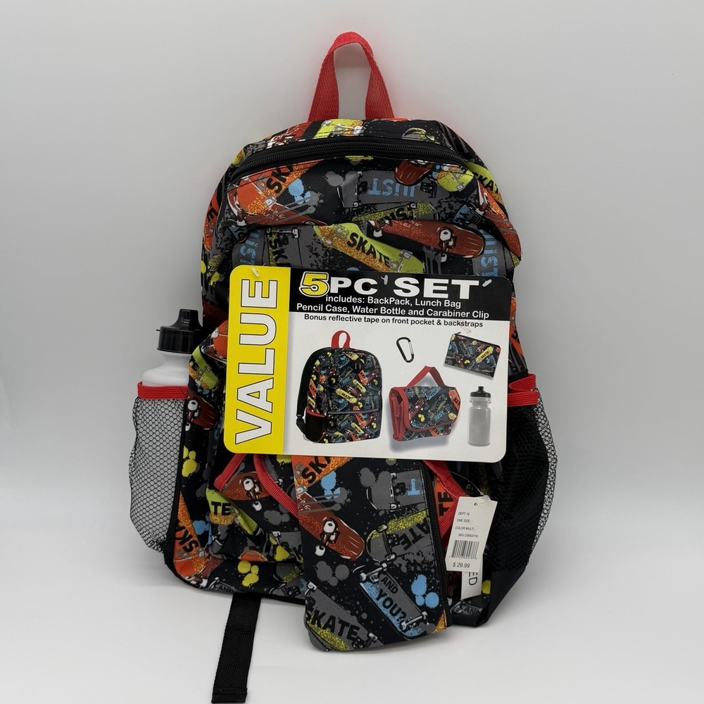 Kids Skateboard Graffiti 5-Pc Backpack Set Lunch Bag Bottle Pencil Case NWT